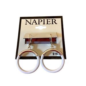 Napier White & Silver Drop Hoop Lever Back Earrings.